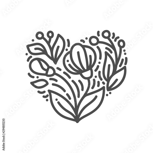 Vector logo flower design in form of heart. Floral round love icon. Valentine Vintage element. Emblem luxury beauty spa, eco organic product, natural badge for cosmetics