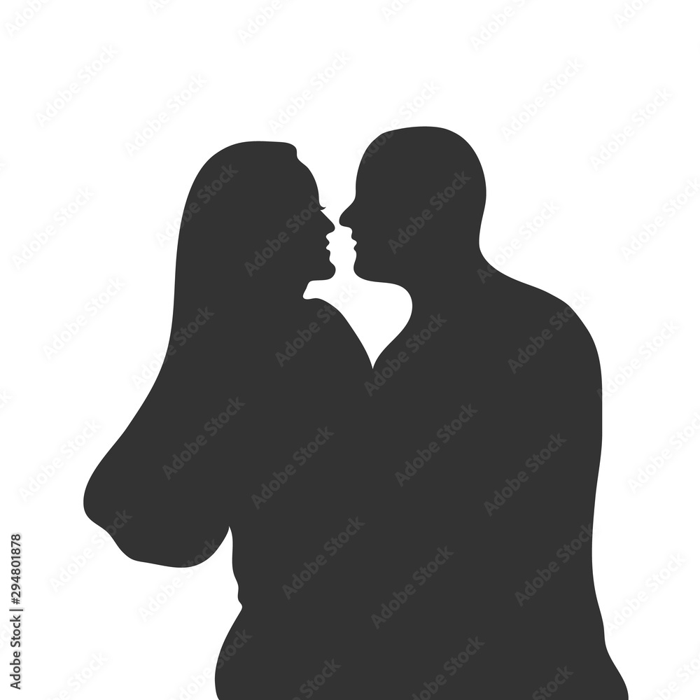 Vector black silhuette of kissing couple. Isolated hand drawn illustration. Valentines Day love concept