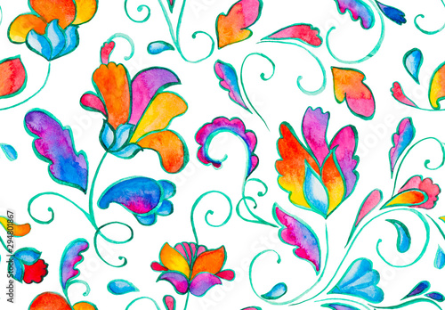 Hand drawn flower seamless pattern (tile). Colorful seamless pattern with rainbow whimsical flowers, paisley, buta. Watercolor seamless pattern for textile. Isolated objects on white background. photo