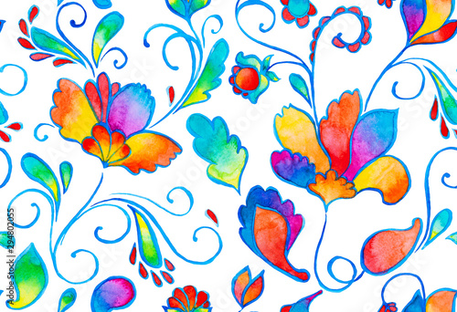 Hand drawn flower seamless pattern  tile . Colorful seamless pattern with rainbow gradient arabesque whimsical flowers  paisley  buta. Watercolor seamless pattern for textile. Isolated object on white