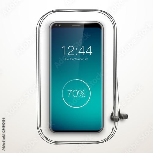 Image headphones on smartphone latest model background. Device for listening music on phone latest model background. Color stereo headphone for listening audio from phone. Banner earphones music party