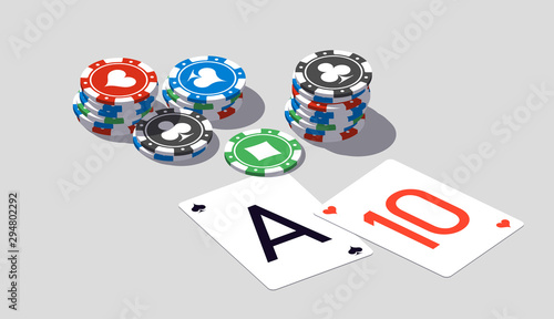 isometric illustration Blackjack in Online casino mobile app. Banner with Twenty-One Banner Online Casino isometric mobile app isolated on white background Blackjack Twenty-One Jackpot isometry poster