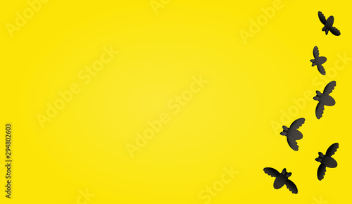 Halloween Karte mit 6 Fledermäusen von rechts auf gelbem Hintergrund