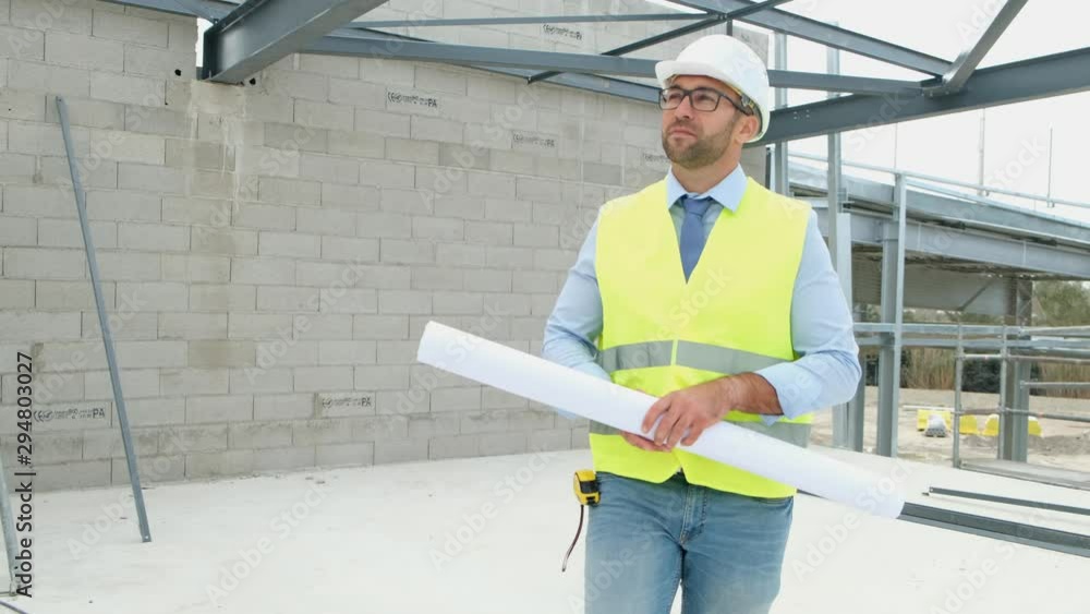 portrait of handsome foreman construction worker on a industrial building industry construction site 4 K 50 fps footage portrait of handsome foreman construction worker on a industrial building industry construction site 4 K 50 fps footage