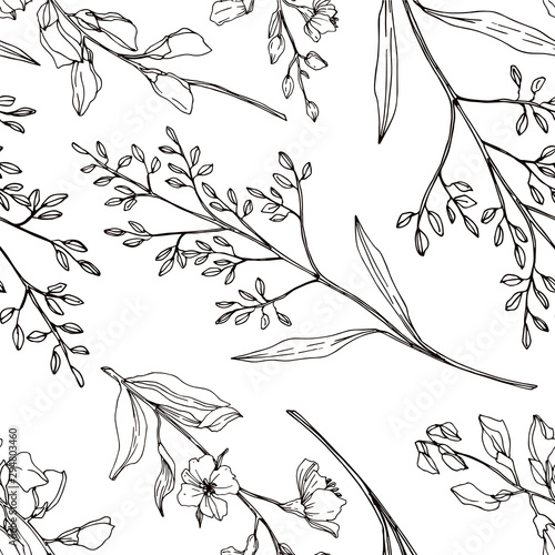 Vector Wildflower floral botanical flowers. Black and white engraved ink art. Seamless background pattern.
