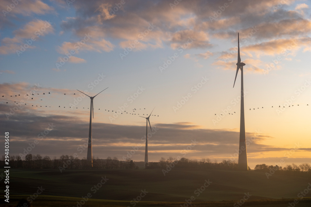 Obraz premium windmills on a field in Germany during a beautiful multicolored sunrise