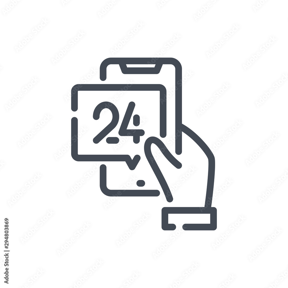 Smartphone with online support line icon. Hand with mobile phone and speech box with 24 vector outline sign. Smartphone with online support line icon. Hand with mobile phone and speech box with 24 vector outline sign.