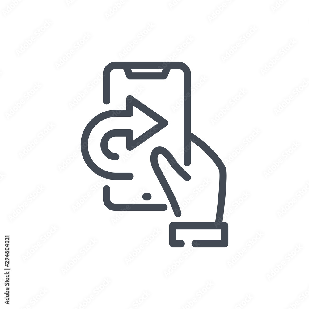 Hand with mobile phone and missed call line icon. Call back vector outline sign. Hand with mobile phone and missed call line icon. Call back vector outline sign.