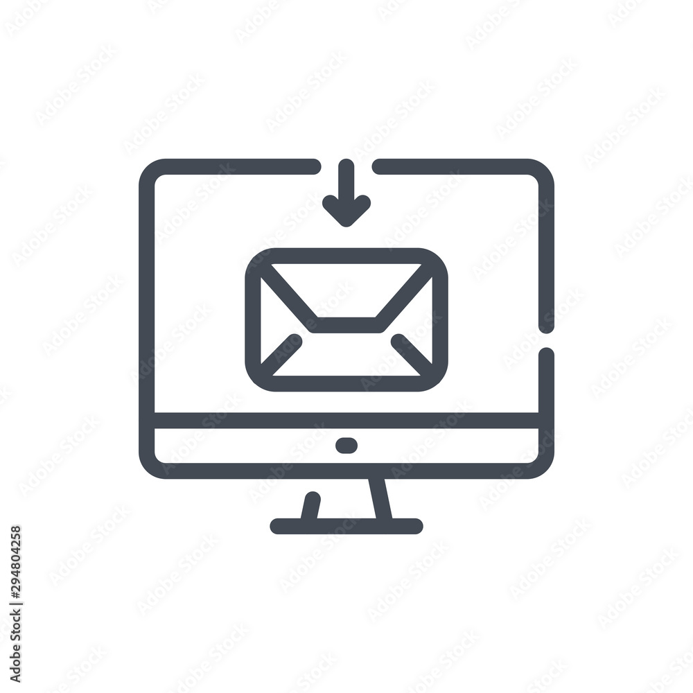 Receive email line icon. Computer with incoming mail vector outline sign. Receive email line icon. Computer with incoming mail vector outline sign.