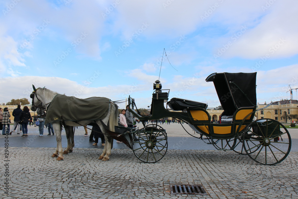 VIENNA, AUSTRIA  - 22-10-2018: Horse - drawn carriage or Fiaker, popular tourist attraction, on Michaelerplatz and Hofburg Palace.