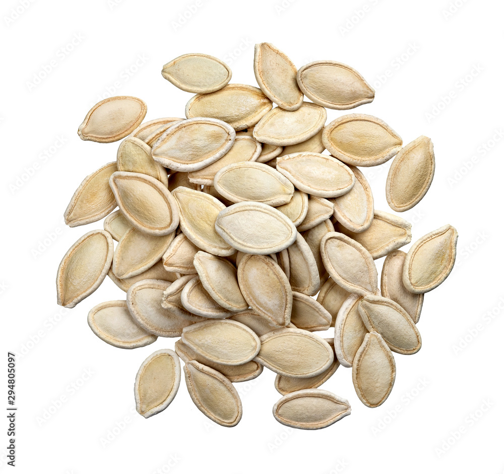 Pumpkin seeds isolated on white background with clipping path, top view - obrazy, fototapety, plakaty 