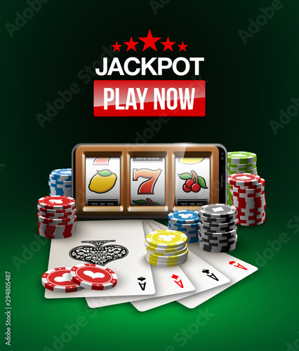 big win illustration Online Jackpot casino Slot machine banner in mobile phone. Chips, playing card, dice. Marketing Luxury Banner Jackpot Online Casino game Slot-machine in Smartphone play now poster