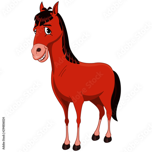 Chestnut Colour Standing Horse with Teeth - Cartoon Vector Image