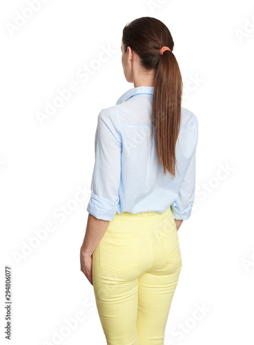Photography woman back view. Isolated on white background