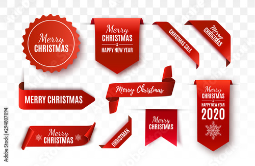 Christmas Tags set. Red scrolls and banners isolated. Merry Christmas and Happy New Year labels. Vector illustration
