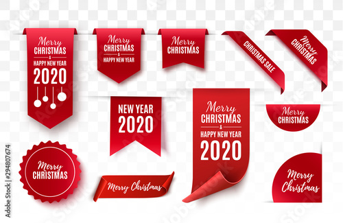 Christmas Tags set. Red scrolls and banners isolated. Merry Christmas and Happy New Year labels. Vector illustration