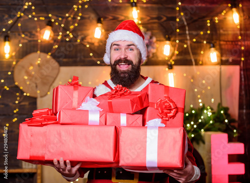 Great present. happy new year. Xmas present box. bearded santa deliver presents. Christmas shopping. bearded man santa hat. christmas gift delivery. winter shopping sales. Cheerful elf