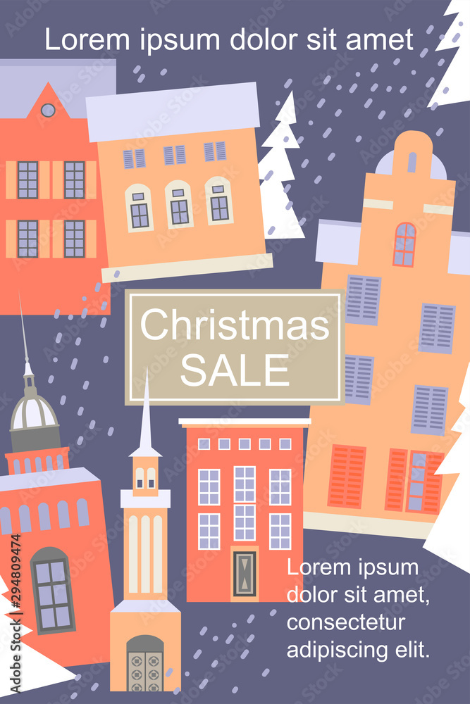 Christmas sale banner with nightly winter cityscape and snowfall