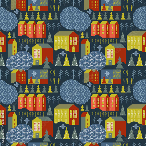 Seamless pattern with a winter Scandinavian town in a fun colors. Hygge cozy style. Colorful buildings on dark background. Nordic village. Christmas illustration the house, pond, bird, snow