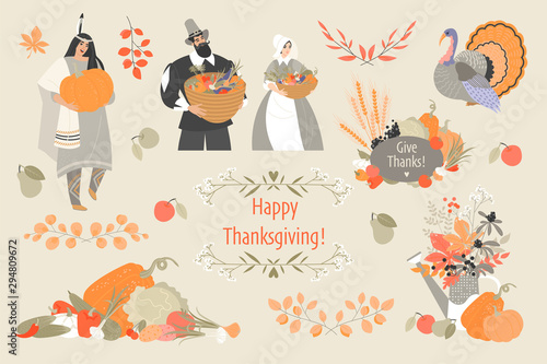 Thanksgiving illustrations set with cute pilgrim and native american characters, plant and vegetable emblems and turkey.