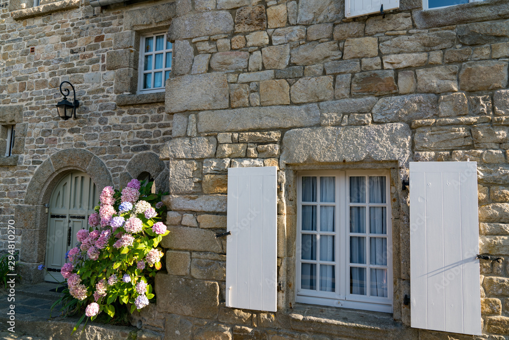 typical stone house front in Brittany with colorful hydrangea flower beds