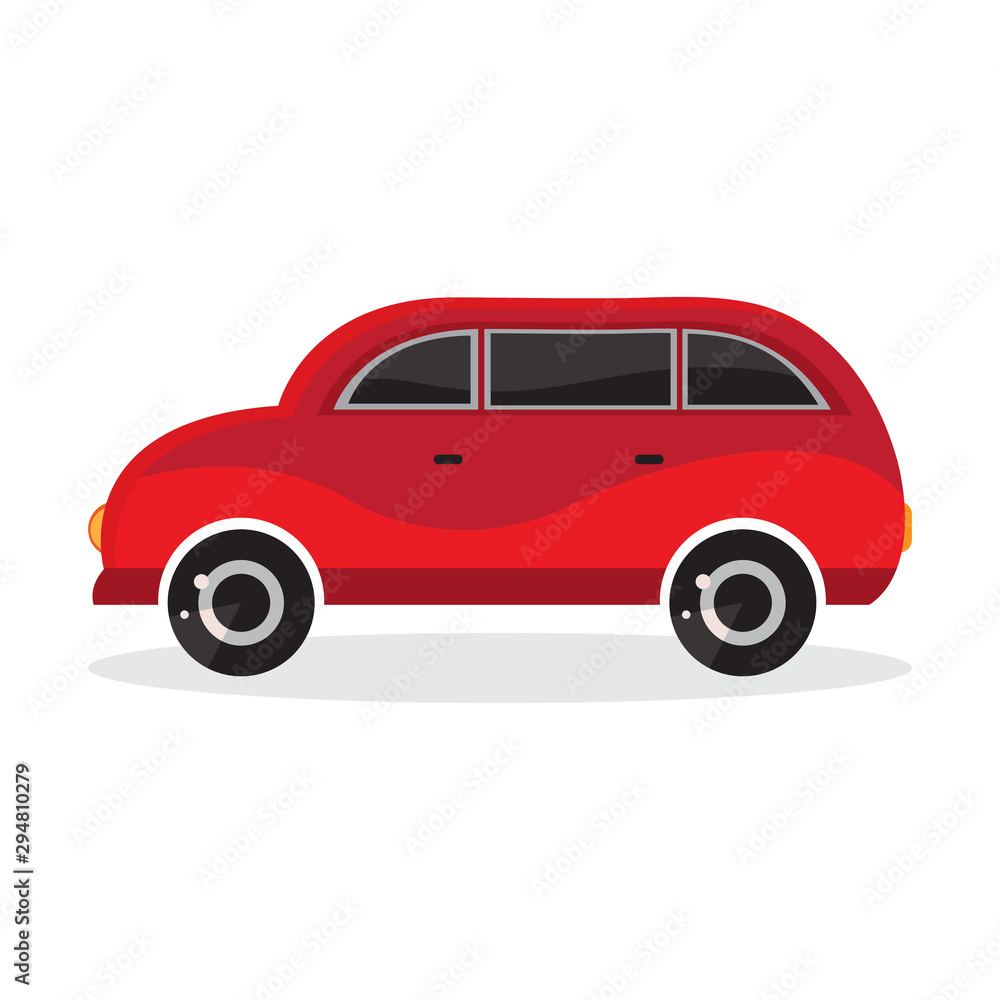 Red cartoon car in flat vector. Transport vehicle. Toy car in children's style. Fun design for sticker, logo, label. Isolated object on white background. The view from the side.