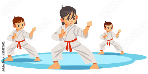 Cute vector character child . Illustration for martial art poster. Kid wearing kimono and karate training.