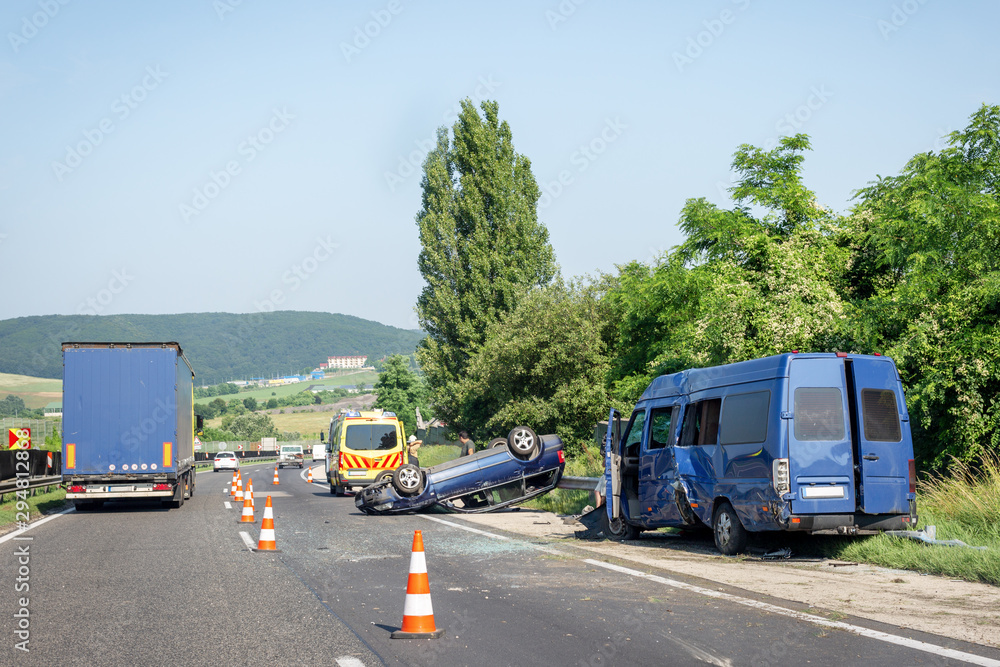 Car Crash Accident On Highway Damaged Blue Minibus After Collision