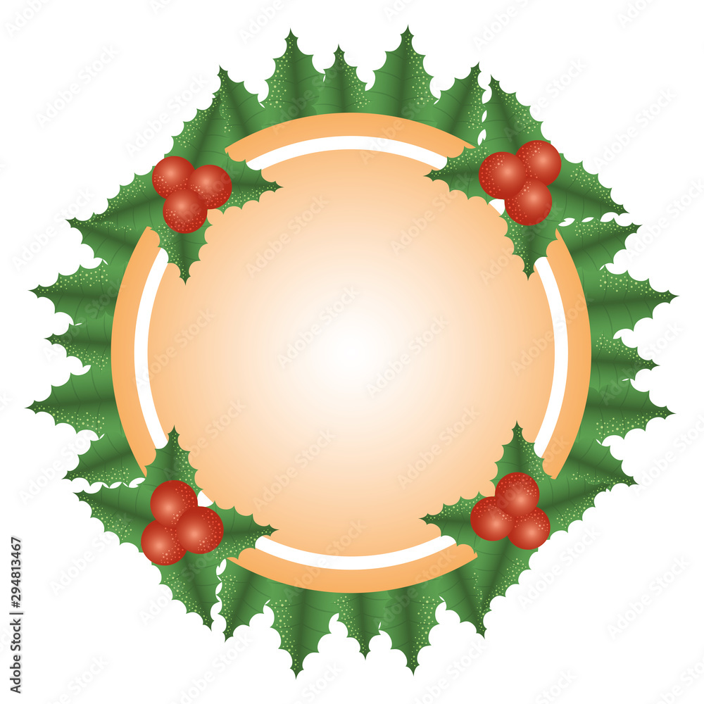 happy merry christmas circular frame with leafs and seeds