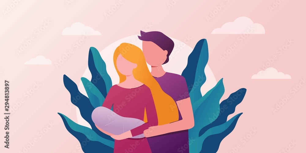 Young happy mother and father with newborn baby on arms. Happy parents family concept. congratulations on a child, kids clothes. Baby shower Invitation. Mom and dad nursing baby Young happy mother and father with newborn baby on arms. Happy parents family concept. congratulations on a child, kids clothes. Baby shower Invitation. Mom and dad nursing baby