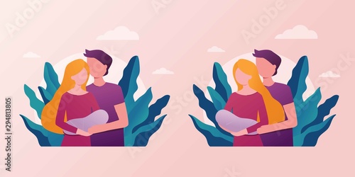 Young happy mother and father with newborn baby on arms. Happy parents family concept. congratulations on a child, kids clothes. Baby shower Invitation. Mom and dad nursing baby