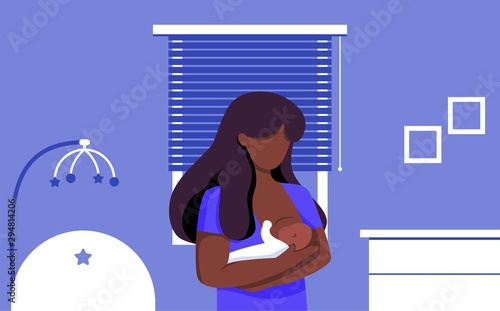 Black skin woman breastfeeding her newborn baby holding in hands in nursery room. Lactation. Breast feeding week, happy mother day. Child drinks milk from the female breast. A children's room.