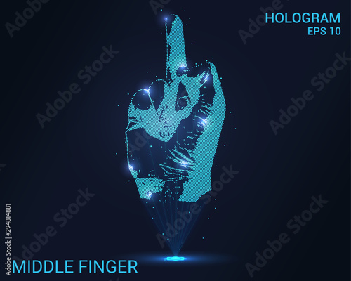 Hologram middle finger. A holographic projection of a middle finger. Flickering energy flux of particles.