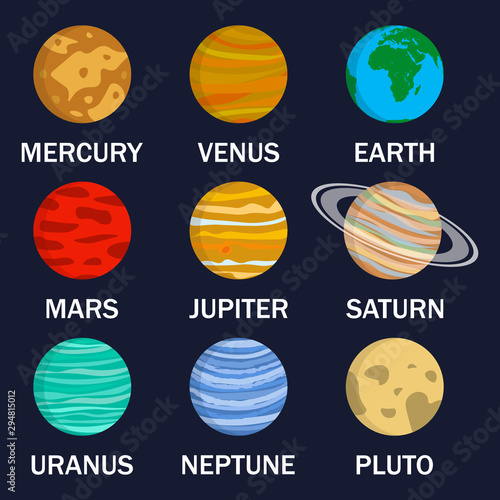 Planet icon set. Planets with names - mercury, venus, earth, mars, jupiter, saturn, uranus, neptune, pluto. Vector astronomic abstract objects - sun, moon, asteroid. Flat design illustration.