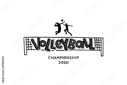 Volleyball hand written lettering logo, emblem with players, ball and net.