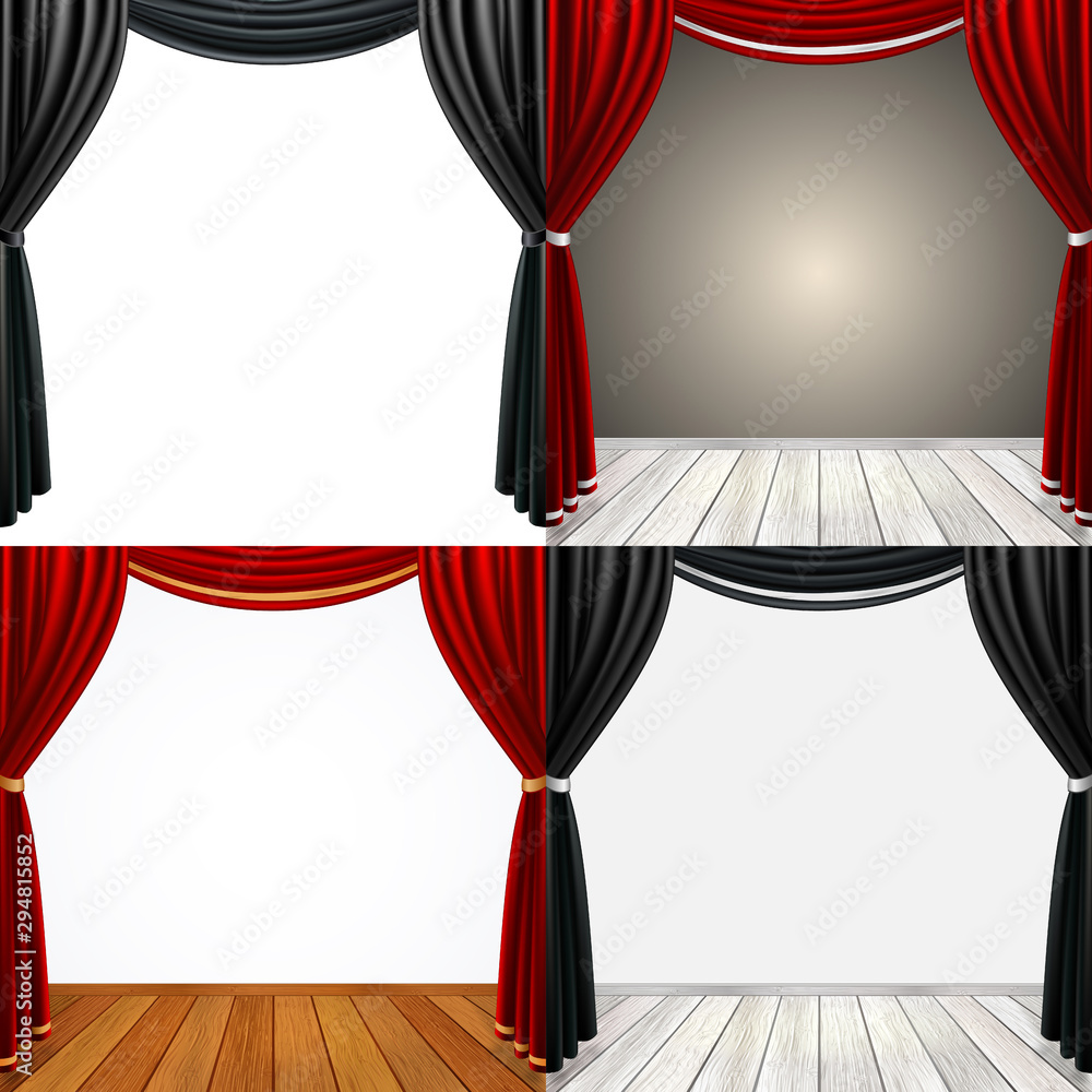 Set of Empty stage with black curtains and red curtains - obrazy, fototapety, plakaty 
