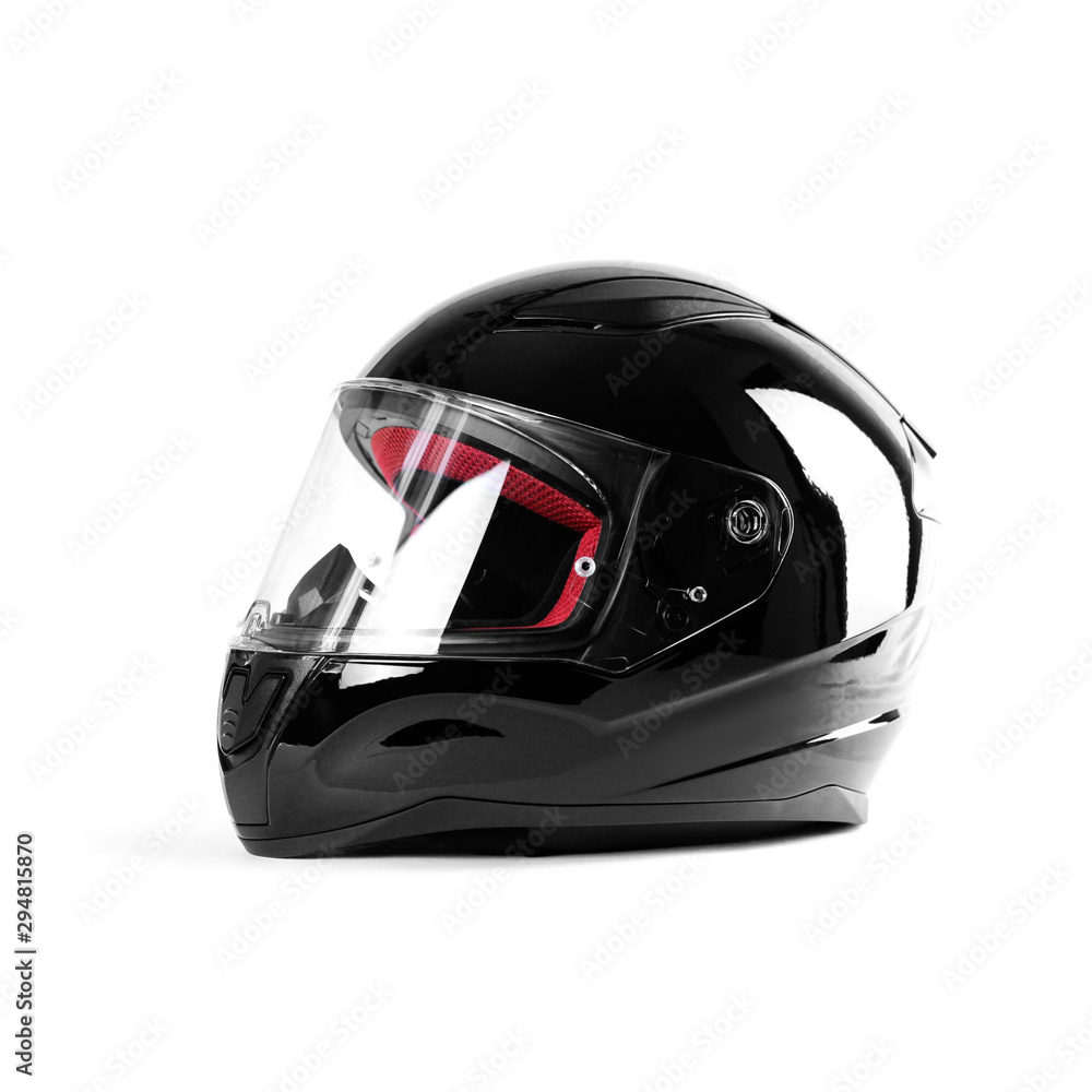 Black glossy motorcycle helmet. Close up. Isolated on white background Black glossy motorcycle helmet. Close up. Isolated on white background