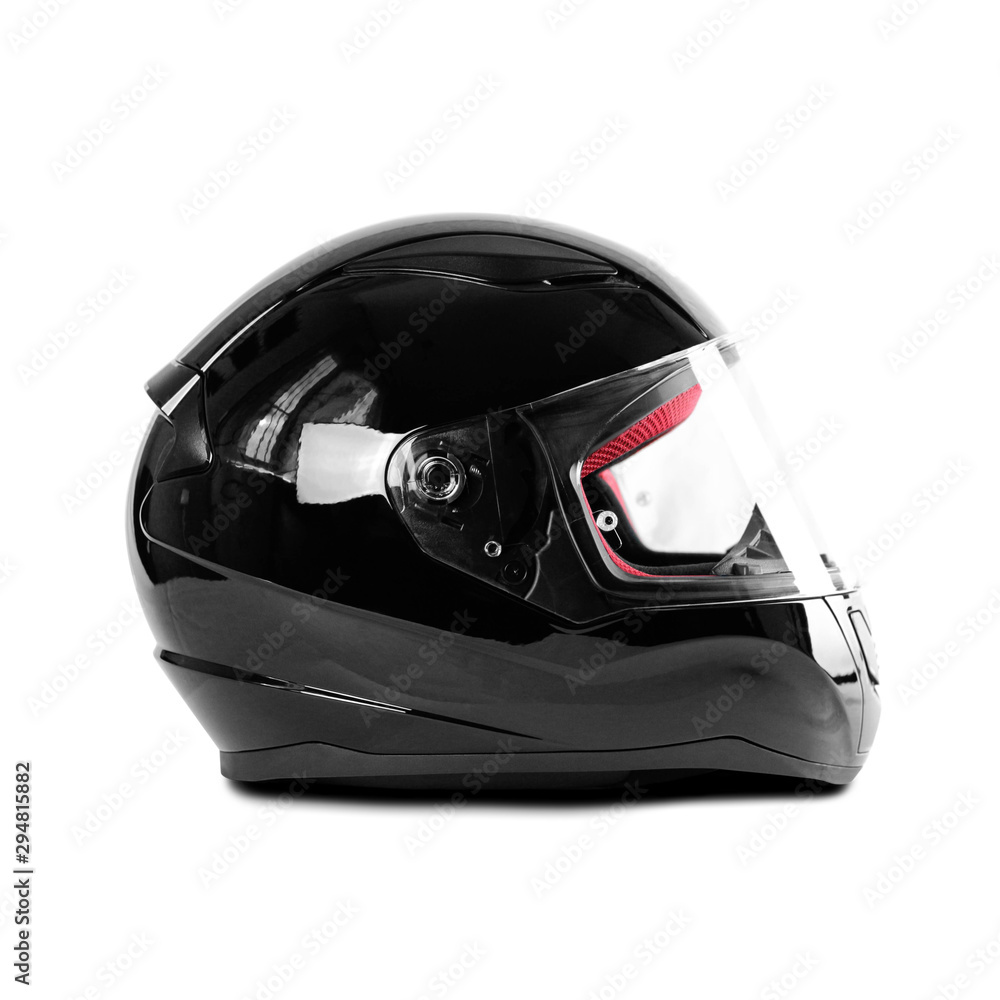 Black glossy motorcycle helmet. Close up. Isolated on white background Black glossy motorcycle helmet. Close up. Isolated on white background