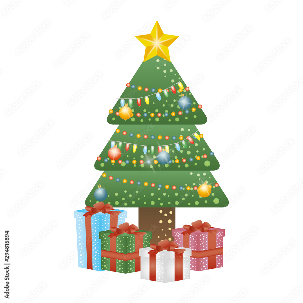 merry christmas pine tree with colors lights and gifts merry christmas pine tree with colors lights and gifts