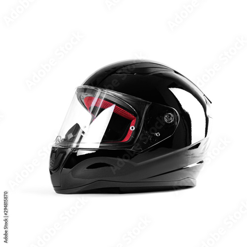 Black glossy motorcycle helmet. Close up. Isolated on white background