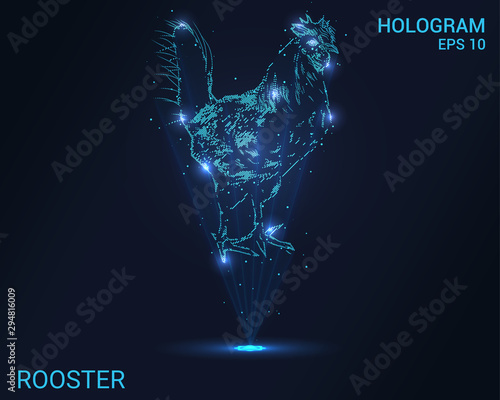 Hologram of the rooster. Holographic projection of a rooster. Flickering energy flux of particles. Scientific design of a bird.