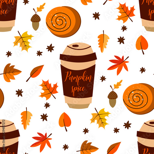 Autumn seasonal pastry and drink flat vector seamless pattern. Pumpkin spice latte and cupcakes texture.  Leaves backdrop. Wrapping paper, wallpaper, textile design.