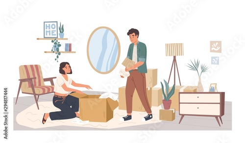 People relocating to new apartment flat vector illustration. Man and woman cartoon characters packing belongings. Young couple unpacking furniture in living room. House moving concept.