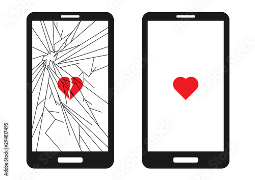 Broken smart phone with cracks all over the screen and a broken red heart. And a whole phone with a whole heart. Suitable for phone repair services.