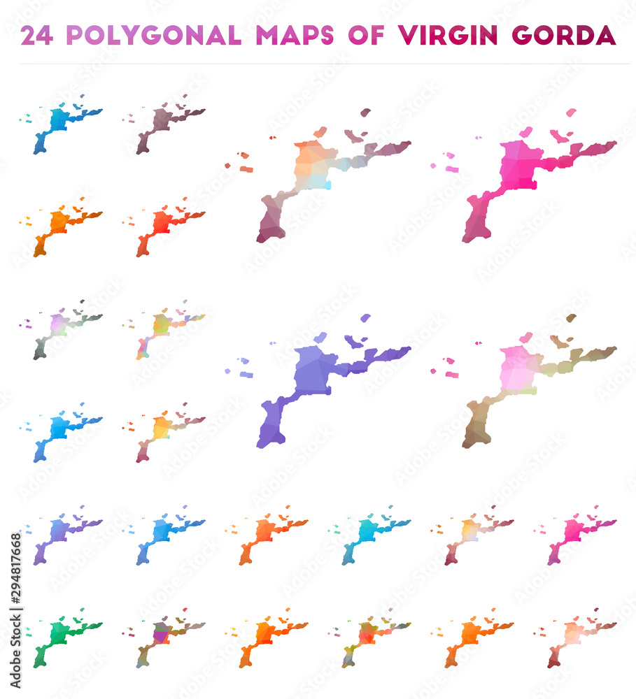 Set of vector polygonal maps of Virgin Gorda. Bright gradient map of island in low poly style. Multicolored Virgin Gorda map in geometric style for your infographics.