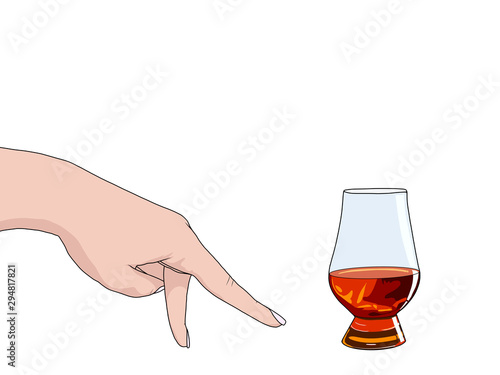 Female hand showing walking fingers gesture. A glass of whiskey nosing. Outline icon isolated on white background. Realistic drawing. Vector