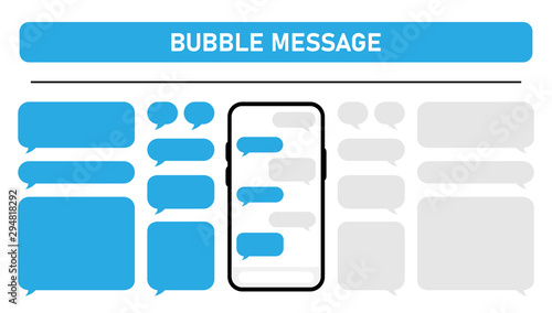 Big set smartphone with social network chat and blue speech bubbles on white background. Vector illustration.