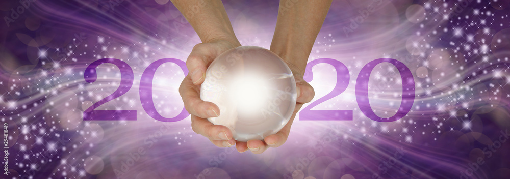 Experience a Crystal Ball Reading - What does 2020 hold for you - female hands holding a large clear crystal ball between 20 and 20 making 2020 against a wide purple sparkling flowing background  - obrazy, fototapety, plakaty 