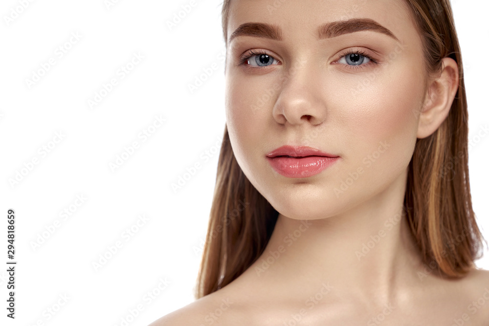 Beautiful girl with healthy perfect skin of face, nude lips. Beautiful girl with healthy perfect skin of face, nude lips.