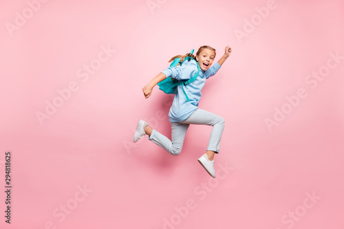 Photography Full length body size photo of cheerful excited crazy positive girl running fast